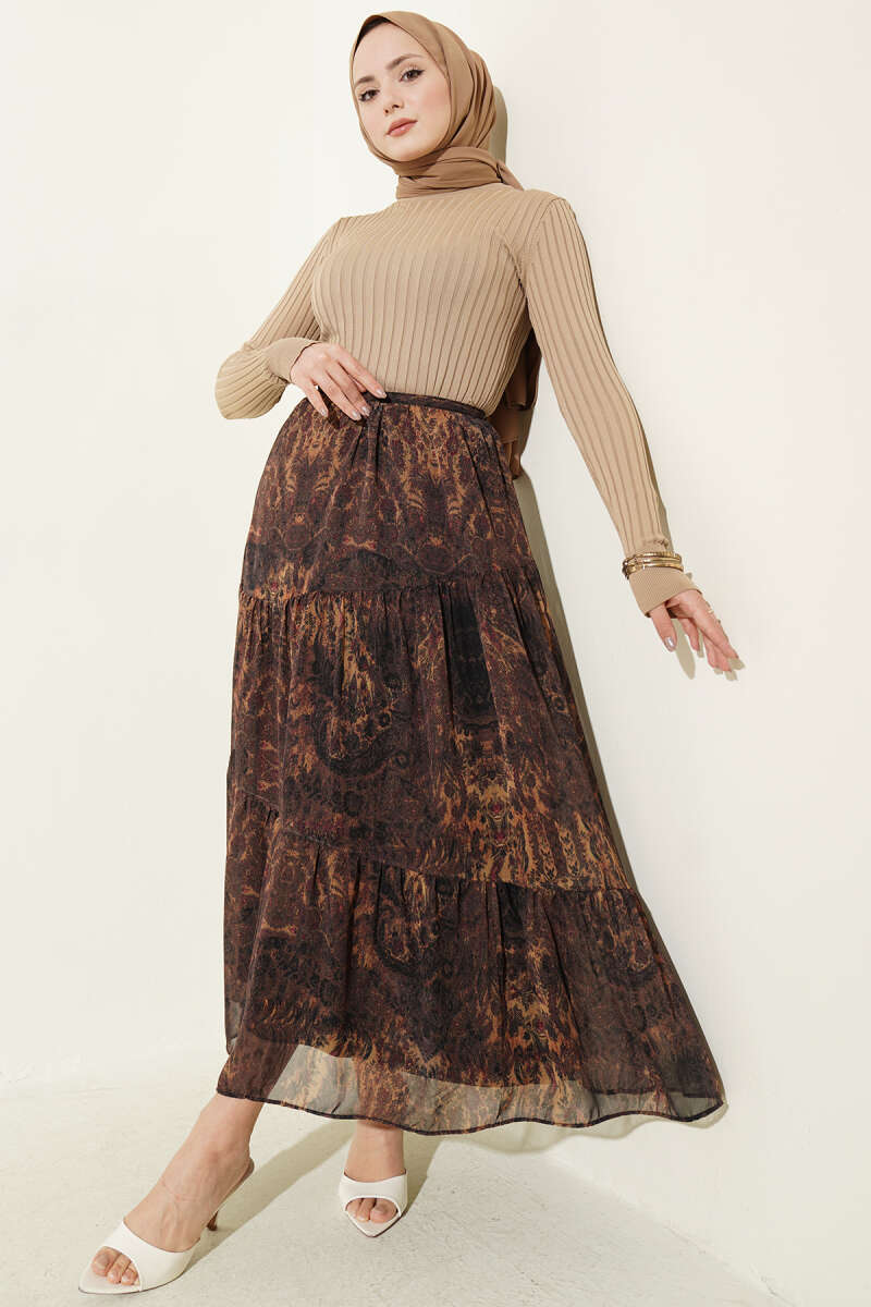 Tiered Batik Print Chiffon Skirt - Mustard