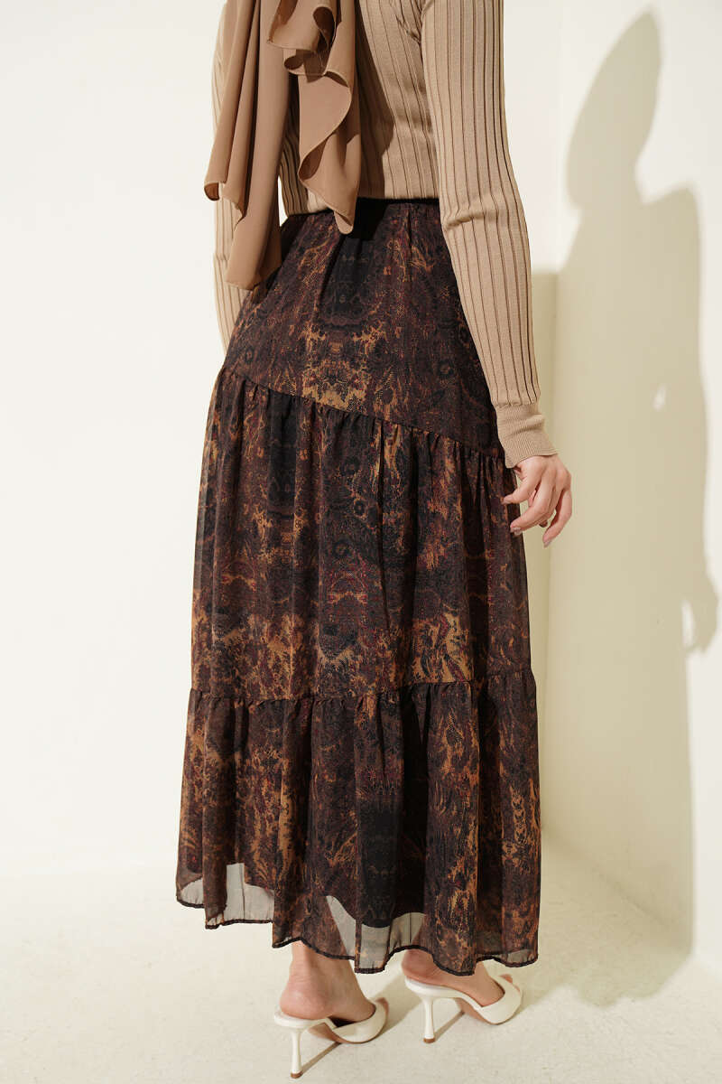 Tiered Batik Print Chiffon Skirt - Mustard