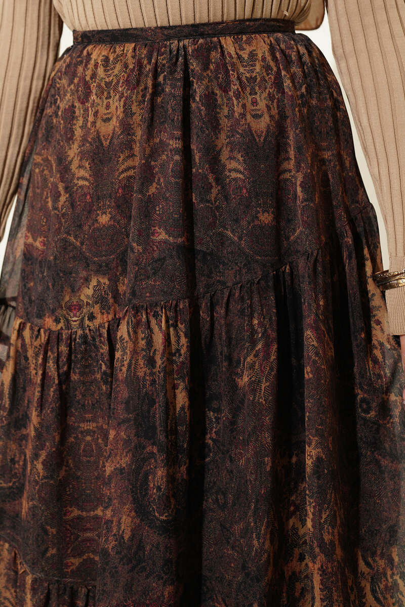 Tiered Batik Print Chiffon Skirt - Mustard
