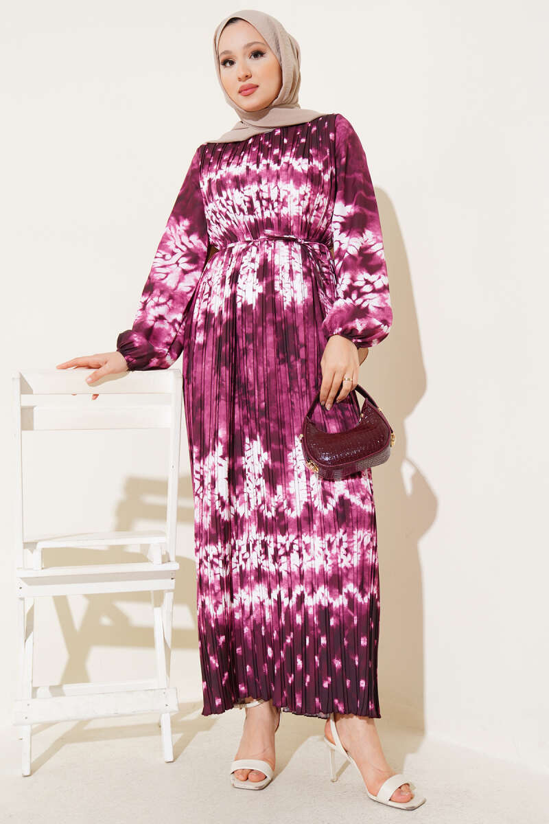 Belted Pleated Batik Print Dress - Burgundy