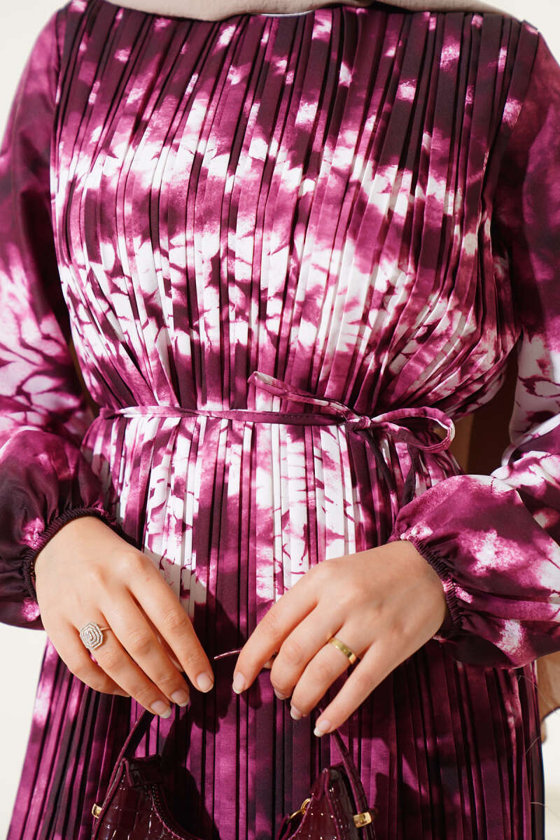 Belted Pleated Batik Print Dress - Burgundy