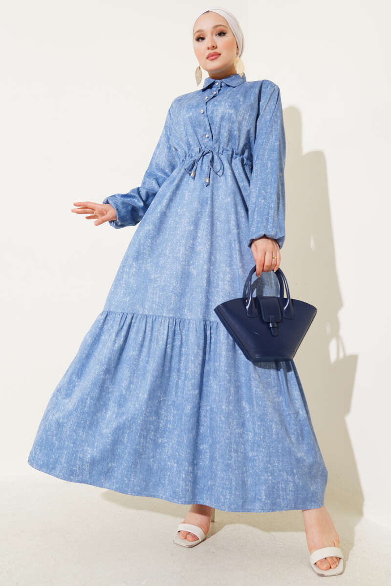 Batik Print Dress with Half Stone Buttons - Blue