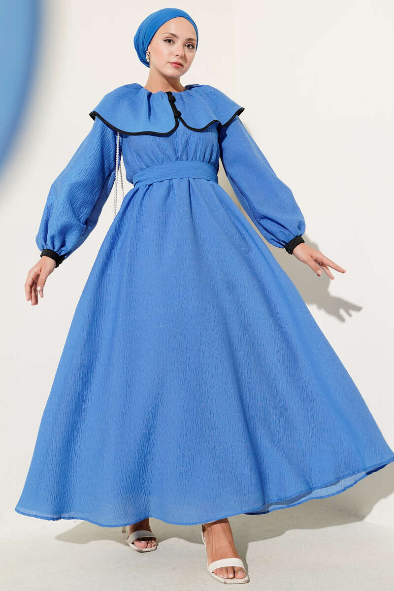 Peter Pan Collar Dress with Elastic Waist - Saxe Blue