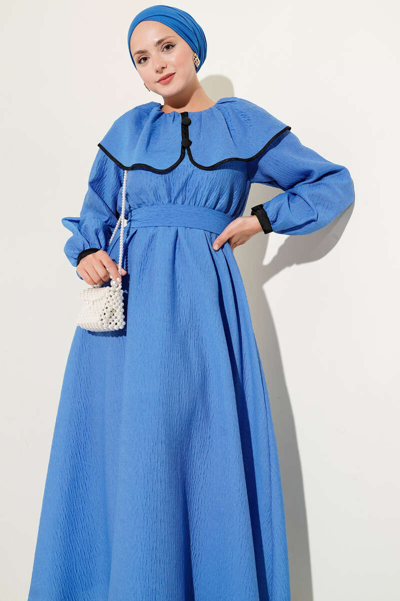 Peter Pan Collar Dress with Elastic Waist - Saxe Blue