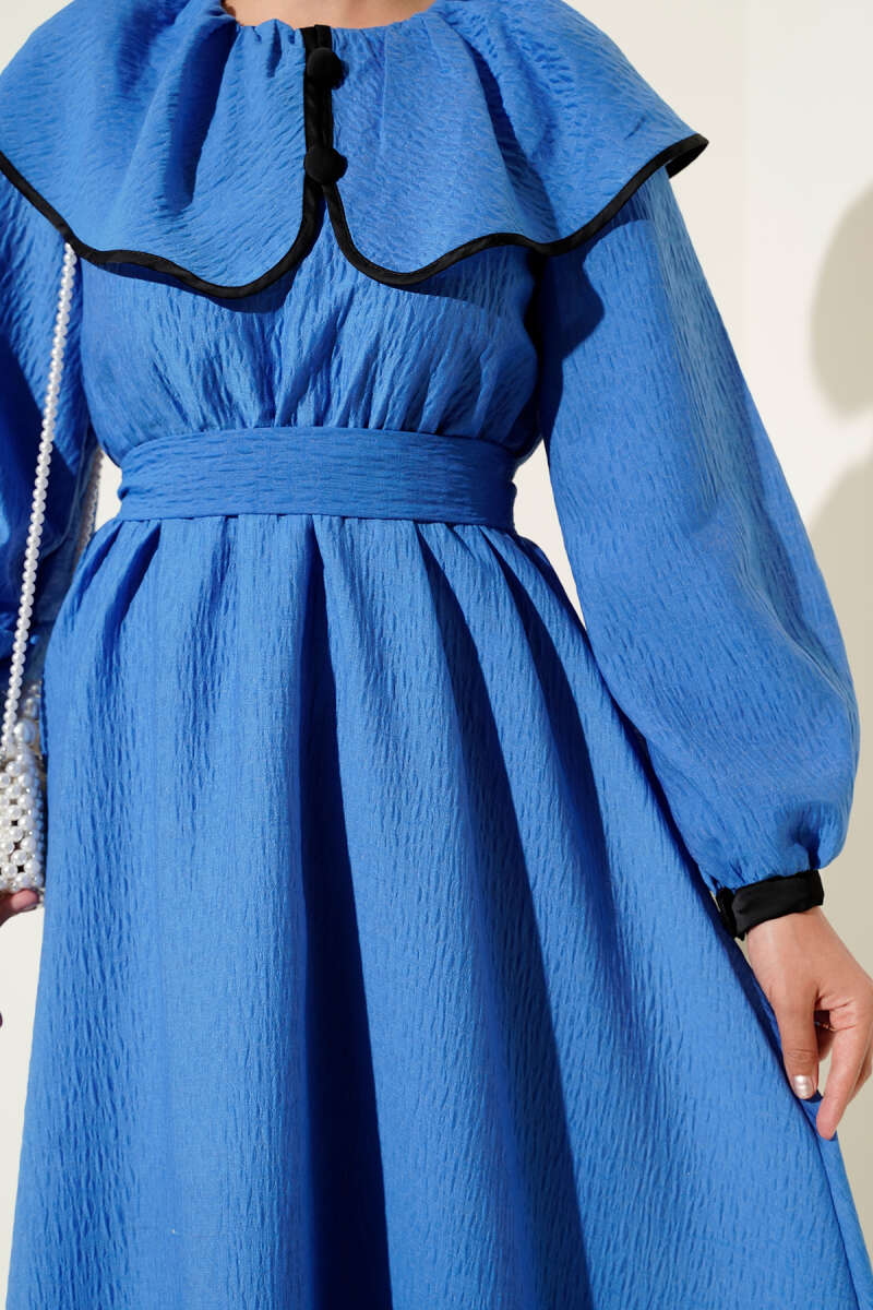 Peter Pan Collar Dress with Elastic Waist - Saxe Blue