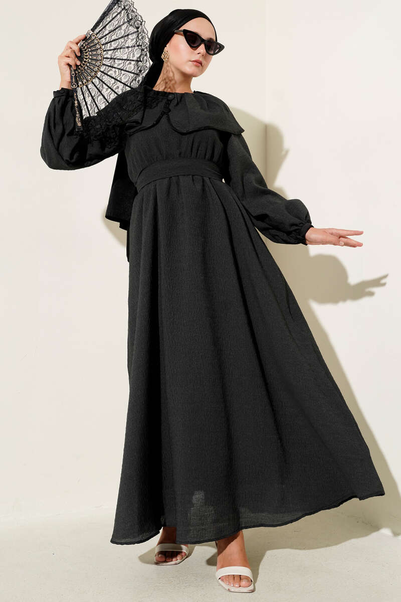 Peter Pan Collar Dress with Elastic Waist - Black