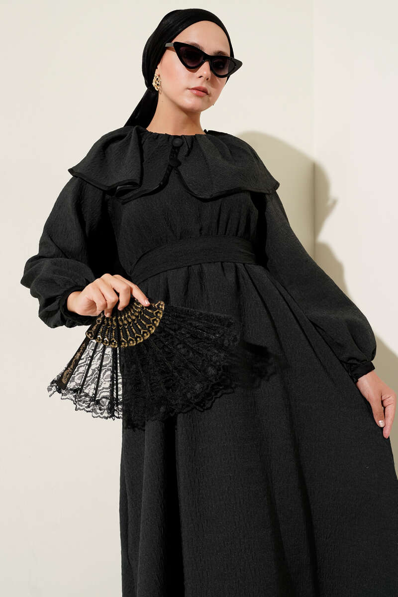 Peter Pan Collar Dress with Elastic Waist - Black