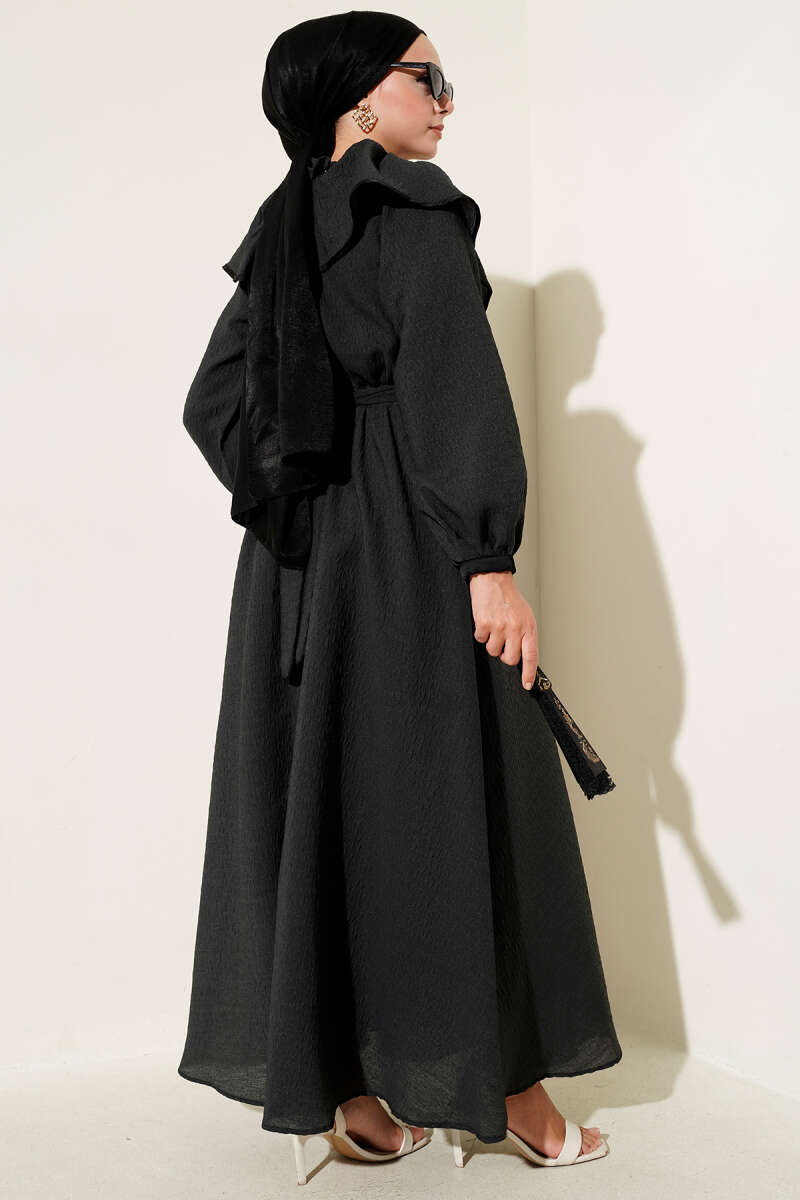 Peter Pan Collar Dress with Elastic Waist - Black