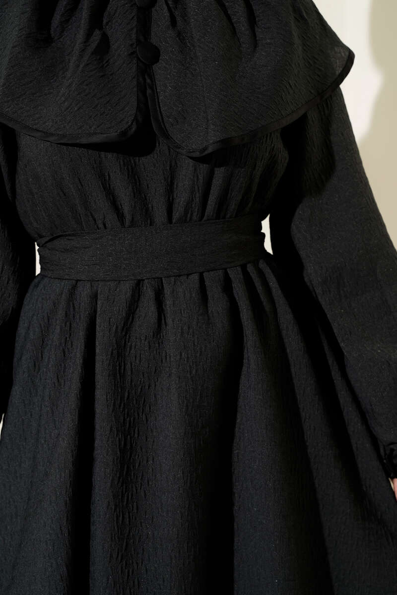 Peter Pan Collar Dress with Elastic Waist - Black