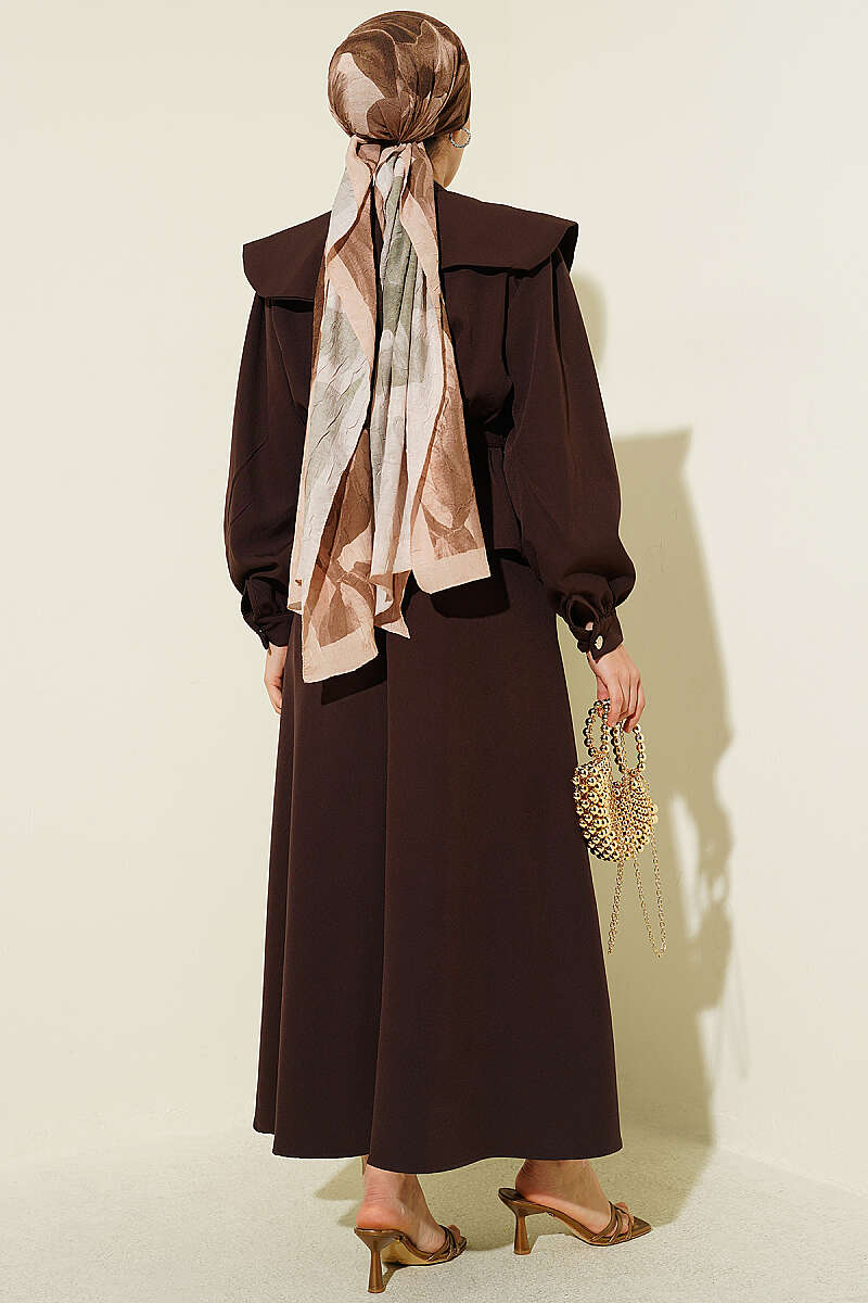Belted Skirt Set with Peter Pan Collar - Brown