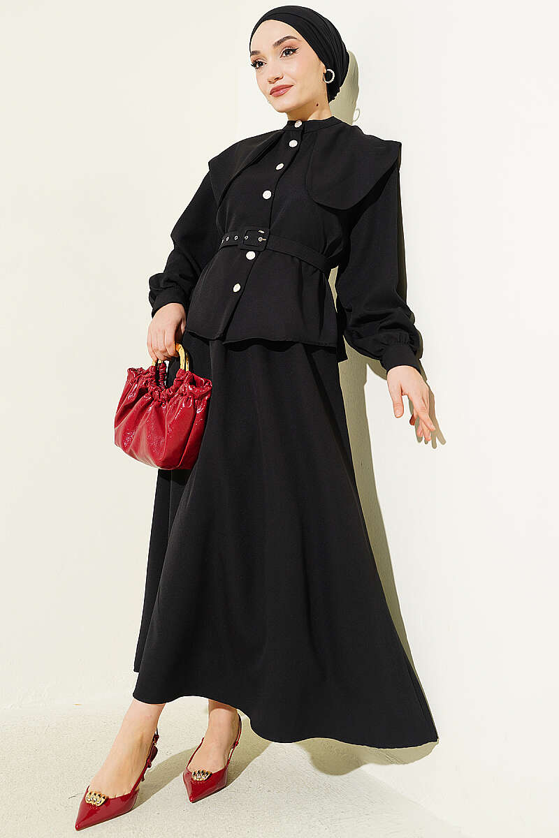 Belted Skirt Set with Peter Pan Collar - Black