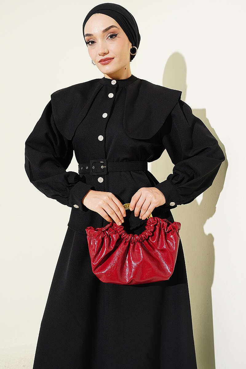 Belted Skirt Set with Peter Pan Collar - Black