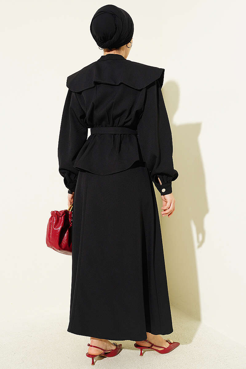 Belted Skirt Set with Peter Pan Collar - Black