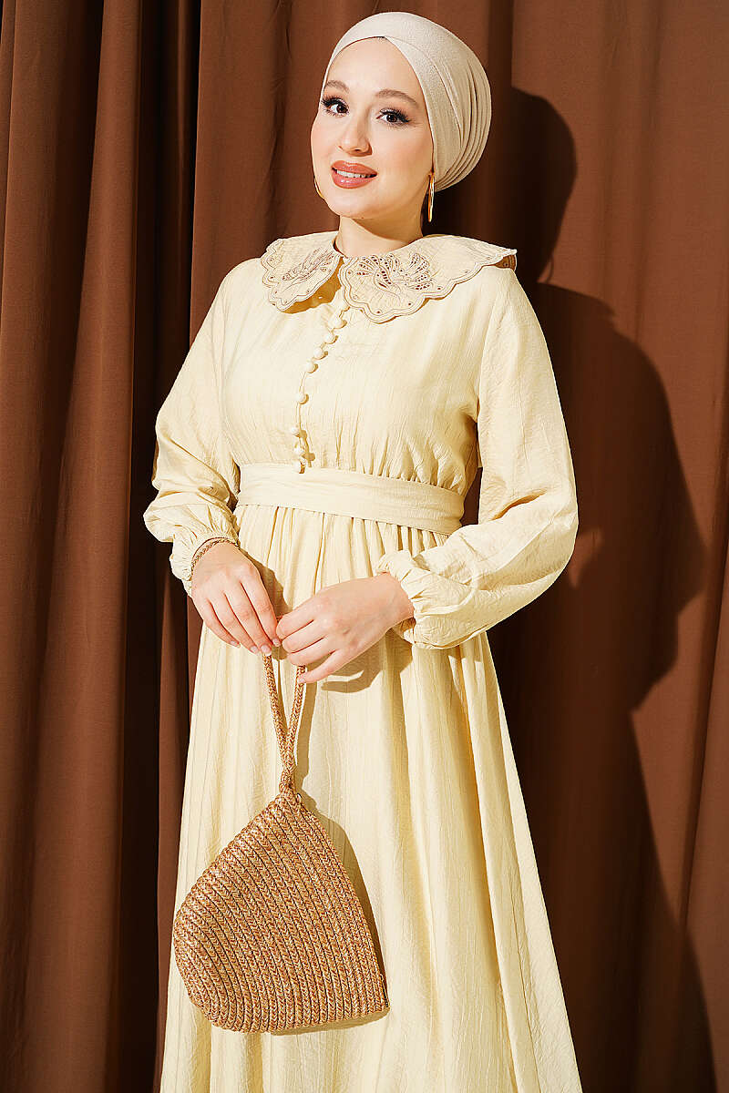 Dress with Peter Pan Collar and Elastic Cuffs - Beige