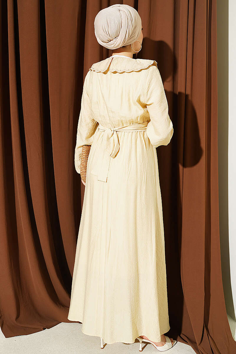 Dress with Peter Pan Collar and Elastic Cuffs - Beige