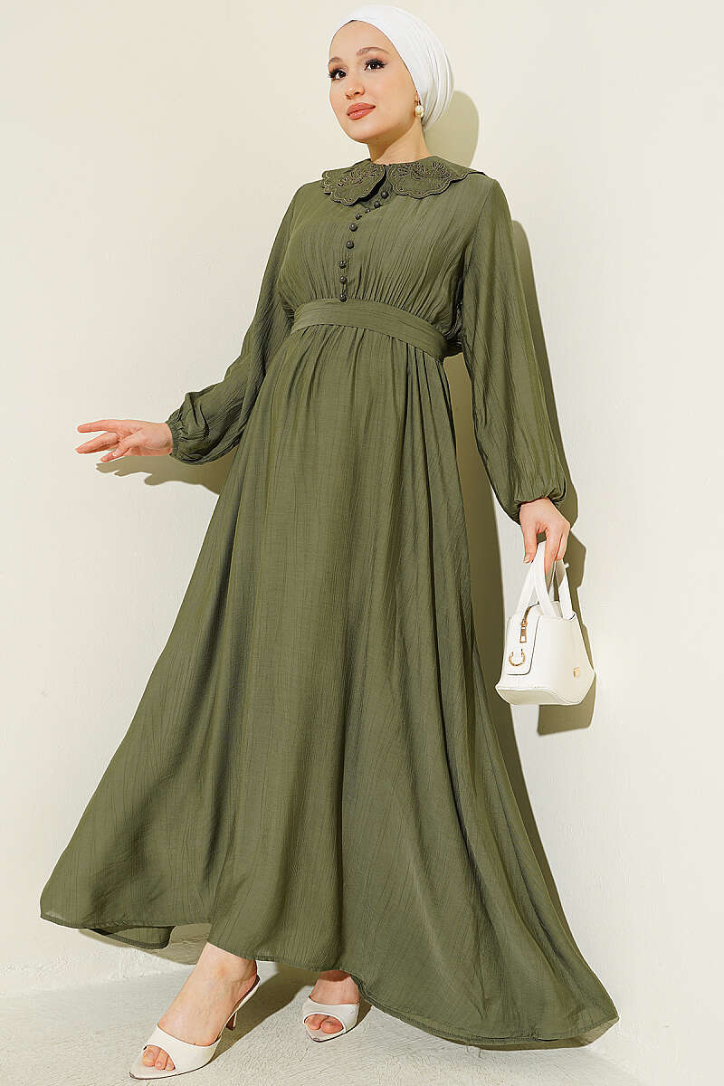 Dress with Peter Pan Collar and Elastic Cuffs - Khaki