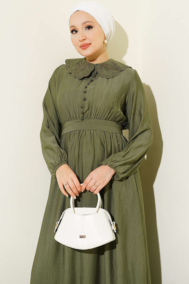 Dress with Peter Pan Collar and Elastic Cuffs - Khaki