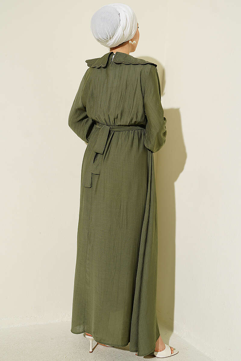 Dress with Peter Pan Collar and Elastic Cuffs - Khaki
