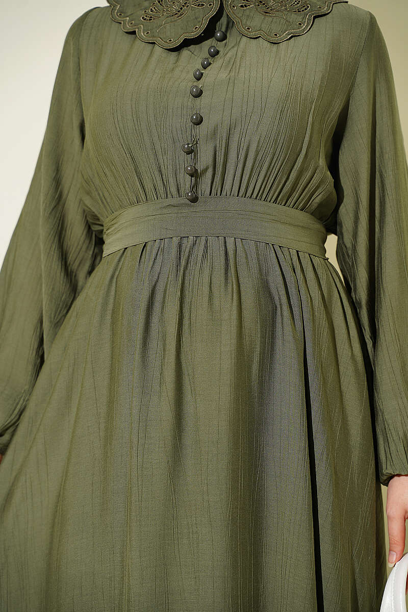Dress with Peter Pan Collar and Elastic Cuffs - Khaki