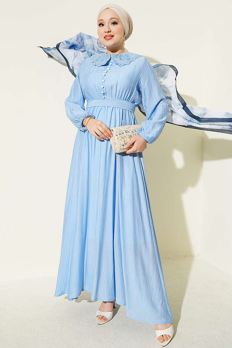 Dress with Peter Pan Collar and Elastic Cuffs - Blue