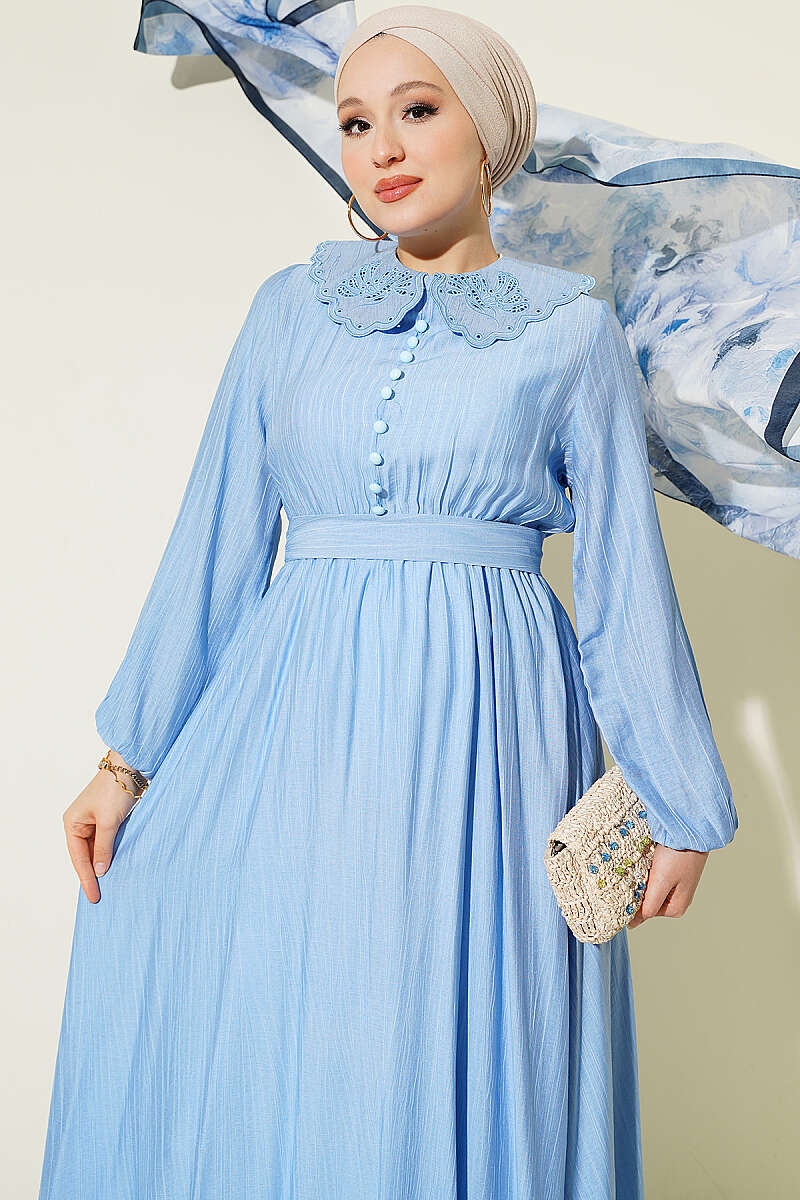 Dress with Peter Pan Collar and Elastic Cuffs - Blue