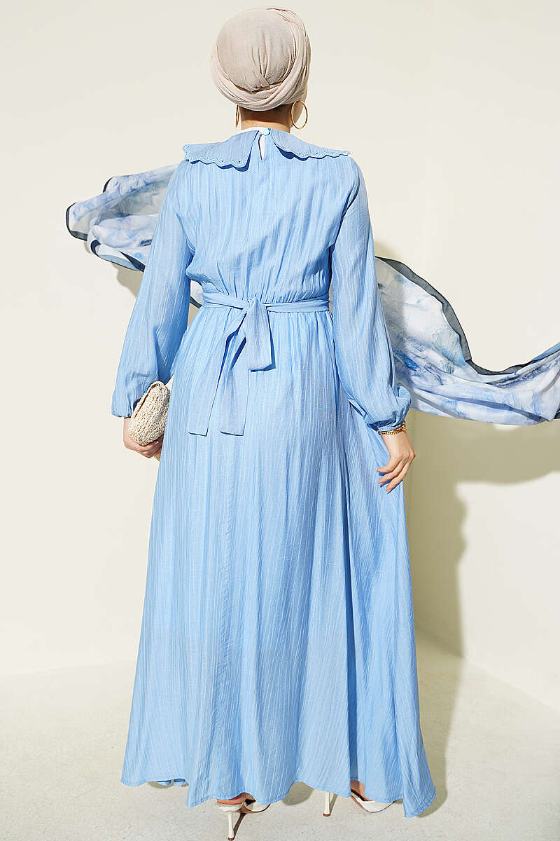 Dress with Peter Pan Collar and Elastic Cuffs - Blue