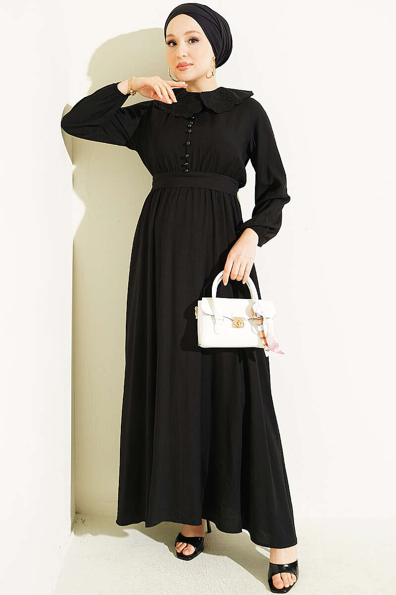 Dress with Peter Pan Collar and Elastic Cuffs - Black