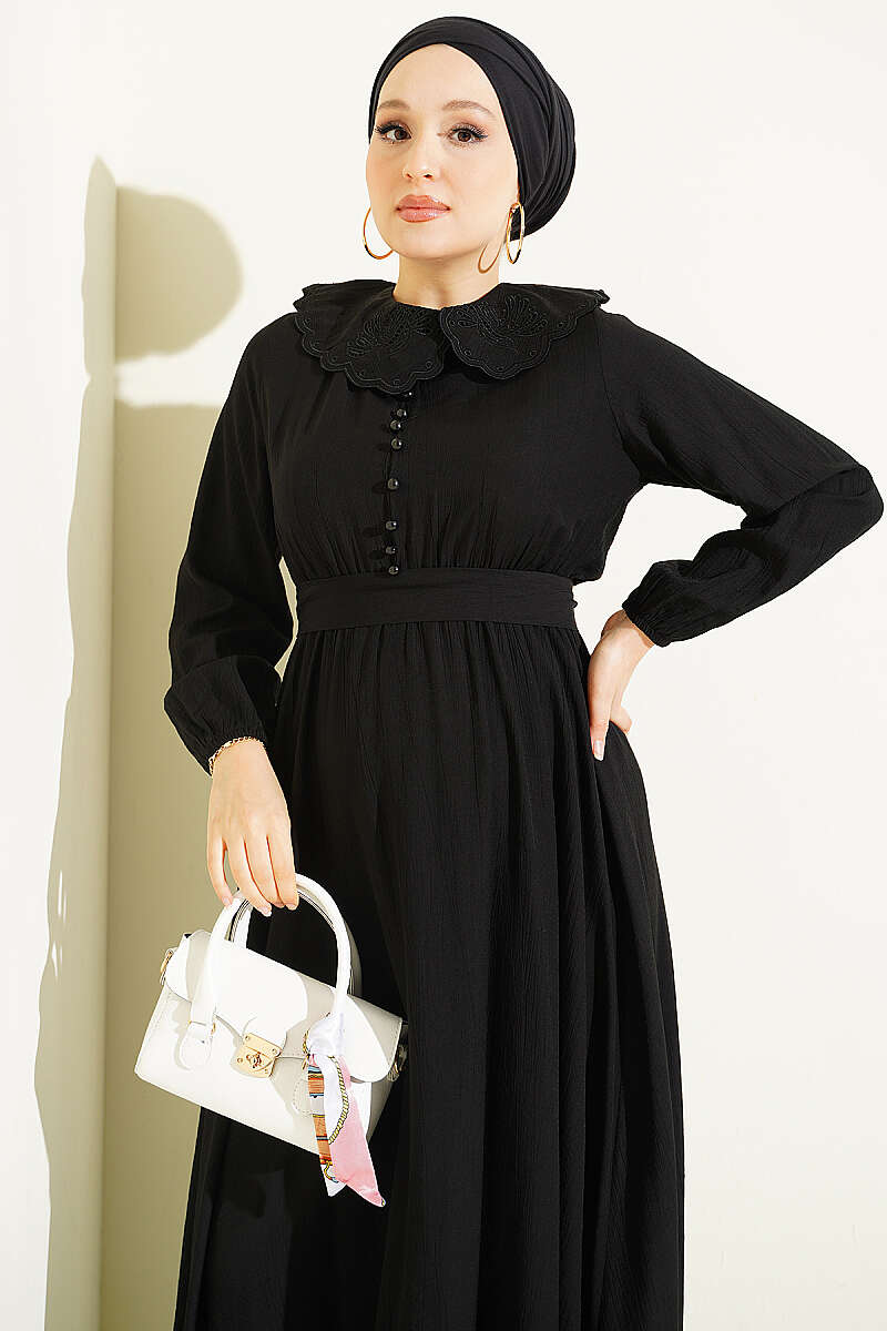 Dress with Peter Pan Collar and Elastic Cuffs - Black