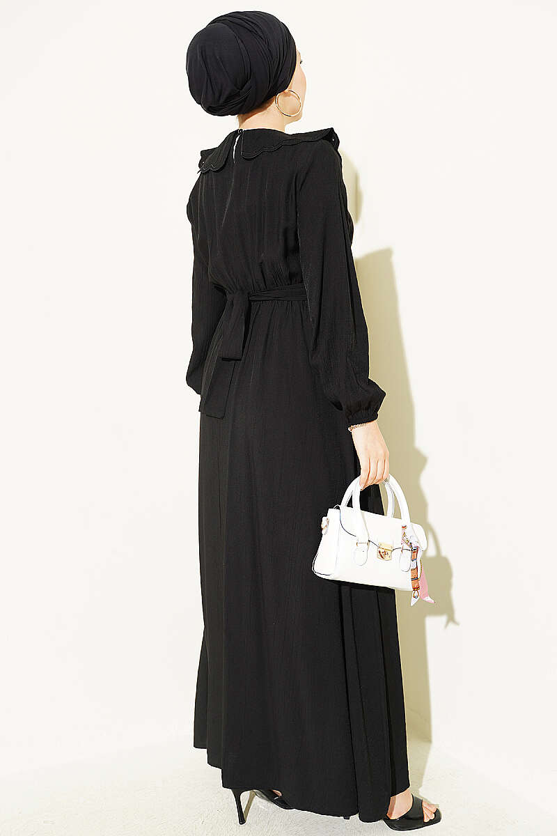 Dress with Peter Pan Collar and Elastic Cuffs - Black