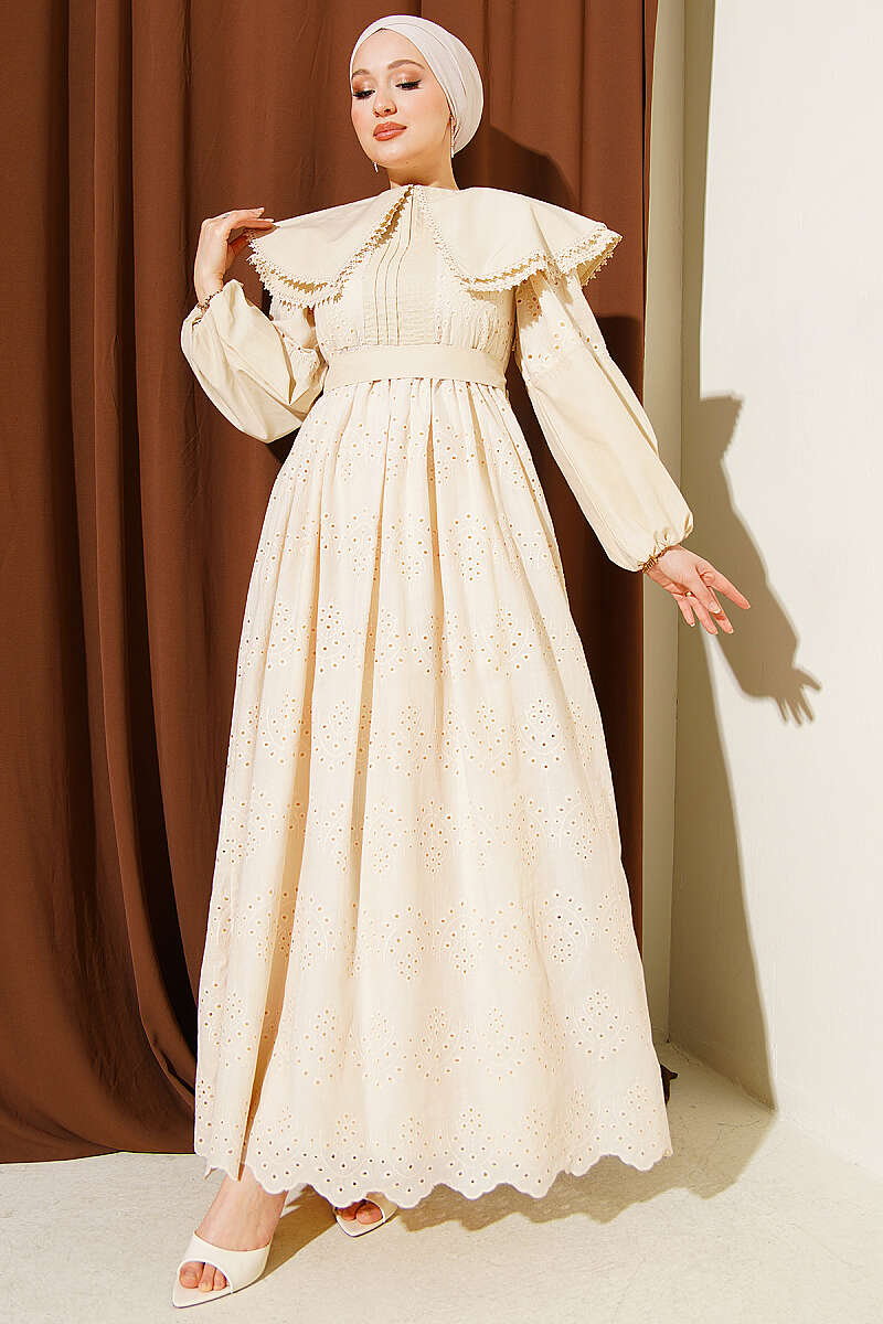 Embroidered Dress with Peter Pan Collar - Beige