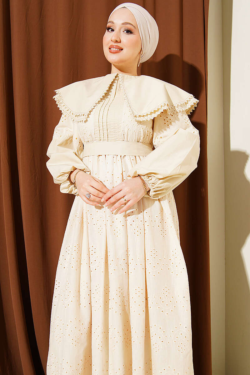 Embroidered Dress with Peter Pan Collar - Beige