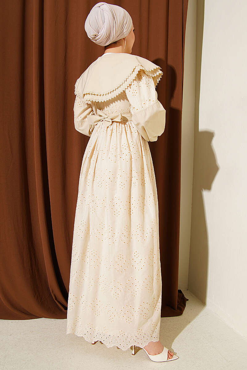 Embroidered Dress with Peter Pan Collar - Beige