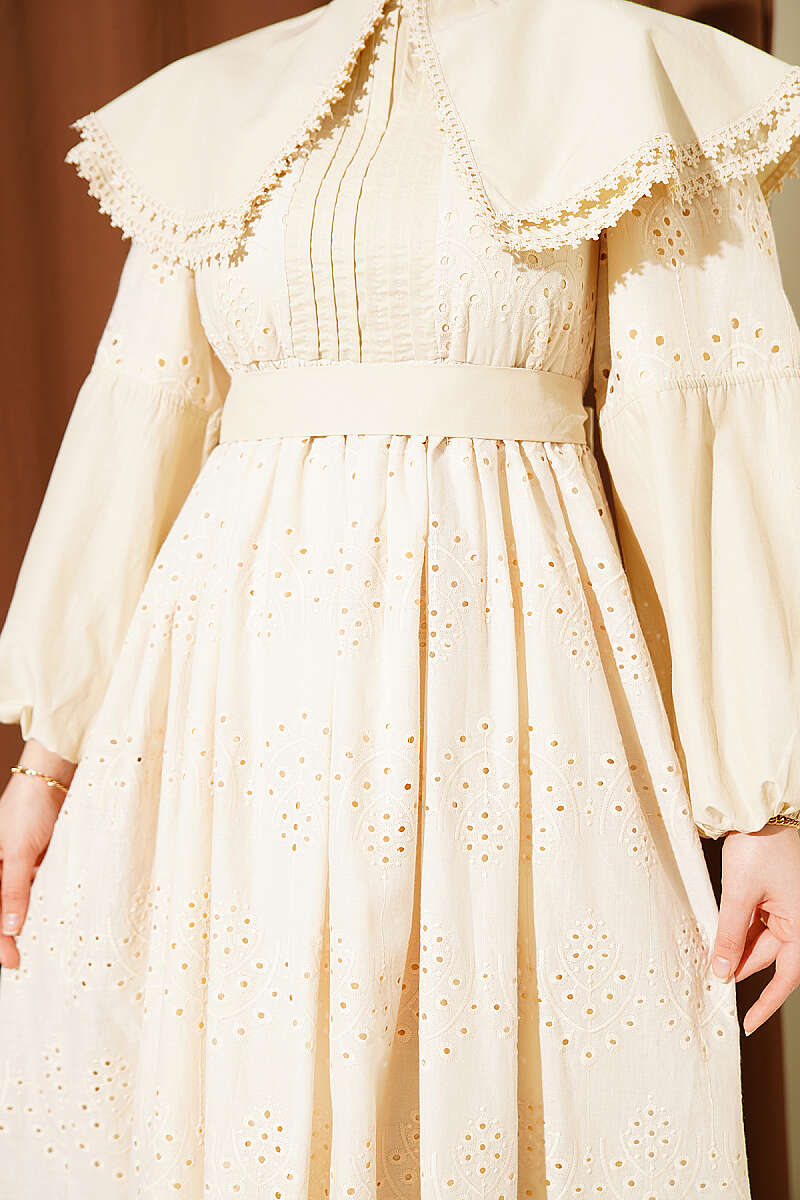Embroidered Dress with Peter Pan Collar - Beige