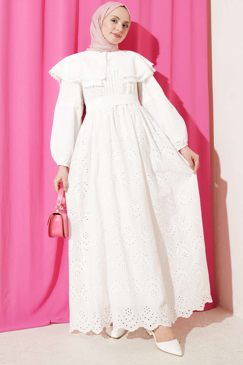 Embroidered Dress with Peter Pan Collar - White