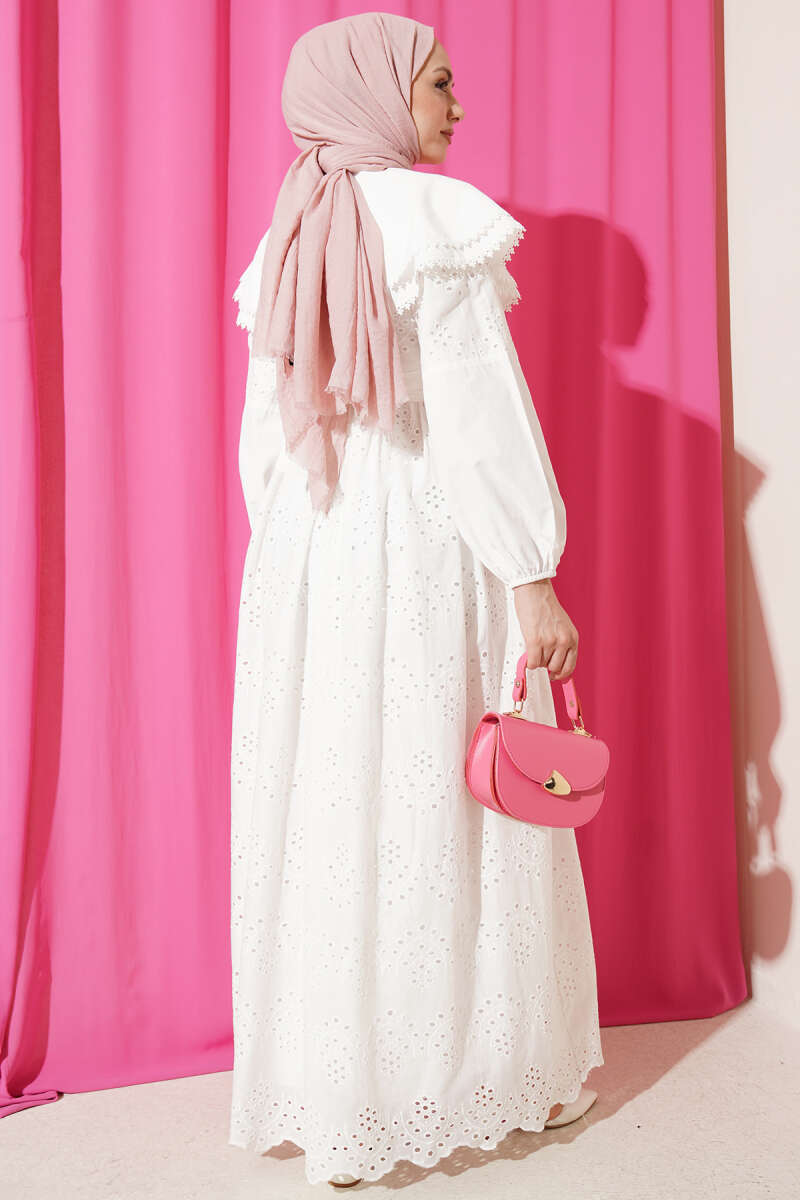 Embroidered Dress with Peter Pan Collar - White