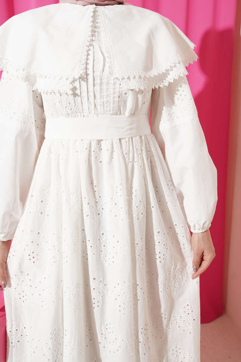 Embroidered Dress with Peter Pan Collar - White