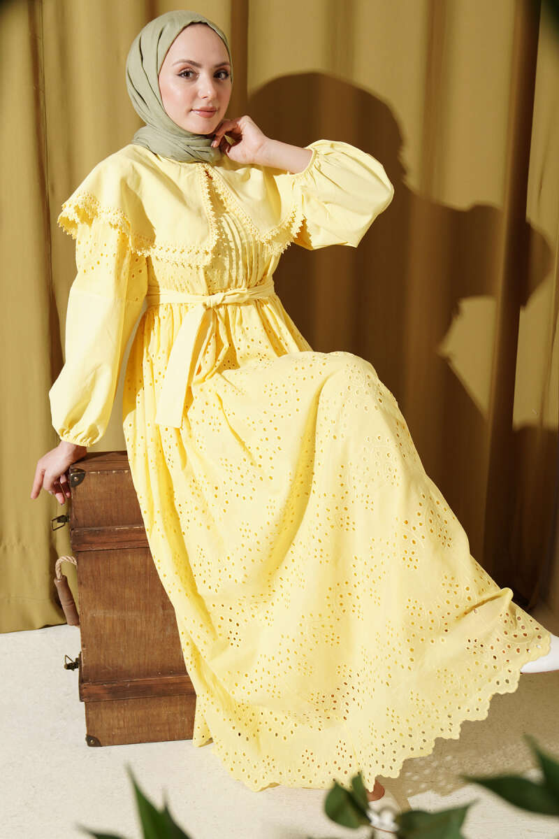 Embroidered Dress with Peter Pan Collar - Yellow