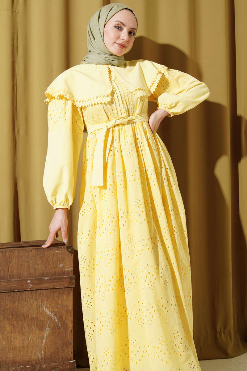 Embroidered Dress with Peter Pan Collar - Yellow