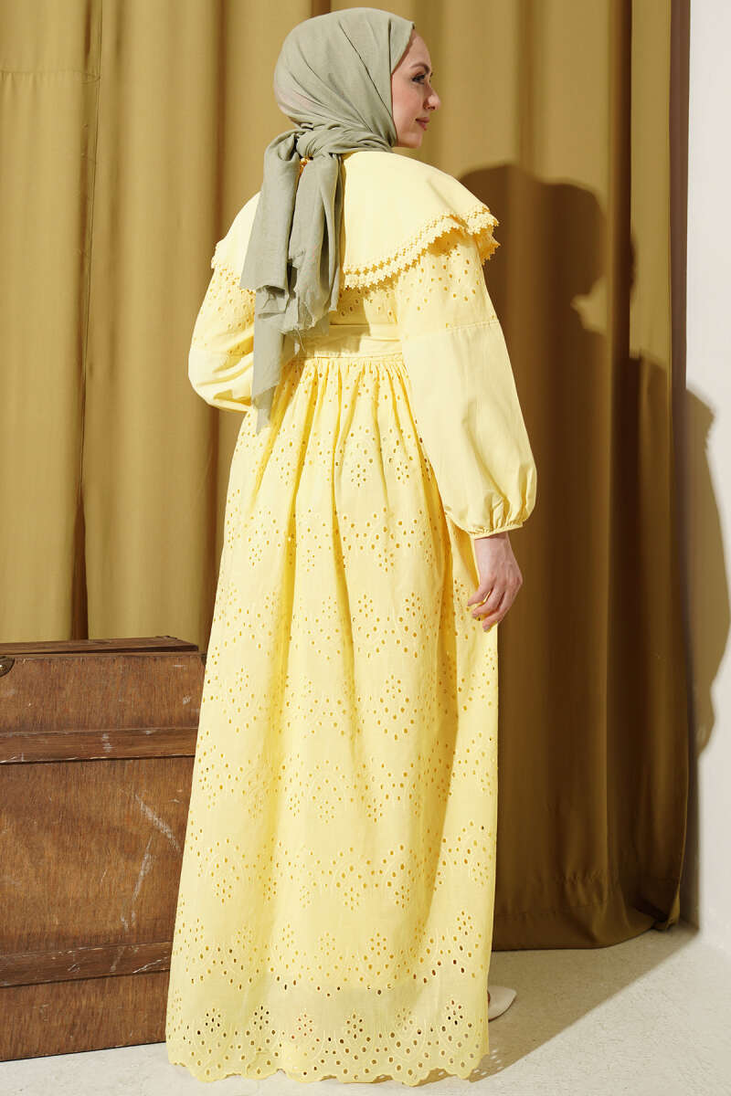 Embroidered Dress with Peter Pan Collar - Yellow