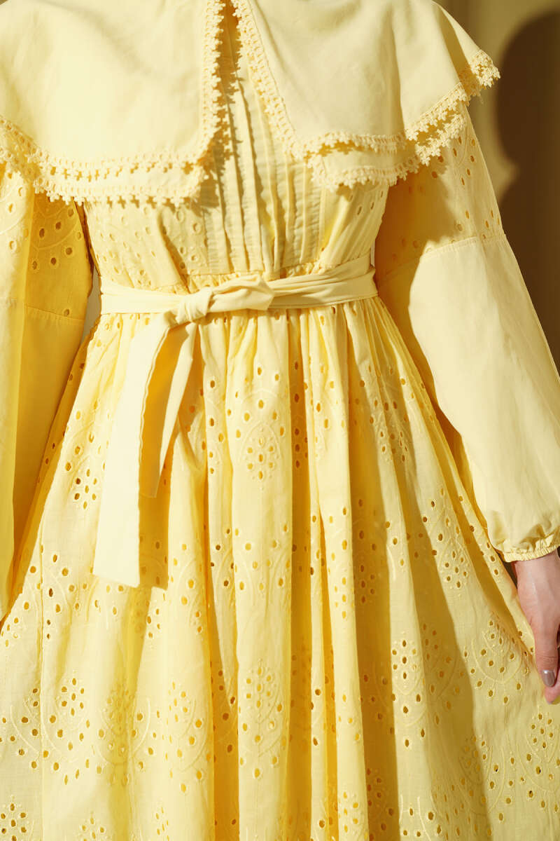 Embroidered Dress with Peter Pan Collar - Yellow