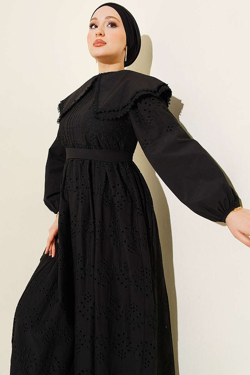 Embroidered Dress with Peter Pan Collar - Black