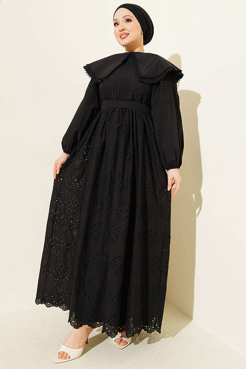 Embroidered Dress with Peter Pan Collar - Black