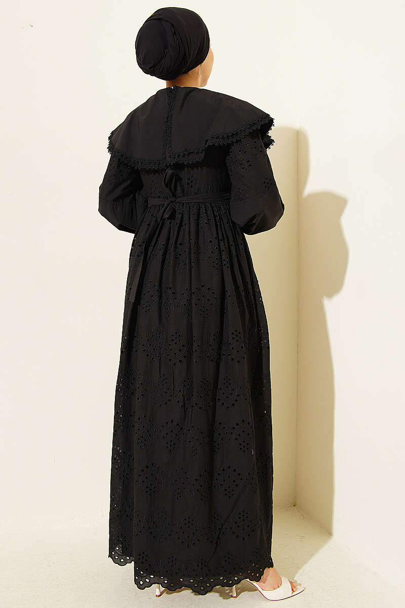Embroidered Dress with Peter Pan Collar - Black