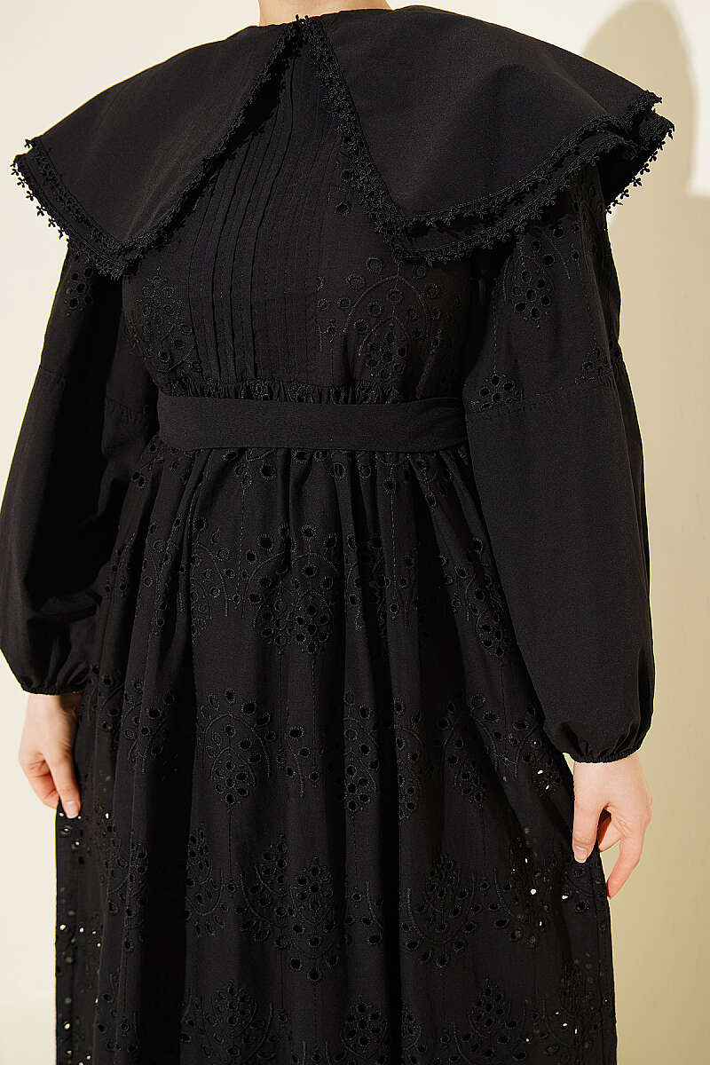 Embroidered Dress with Peter Pan Collar - Black