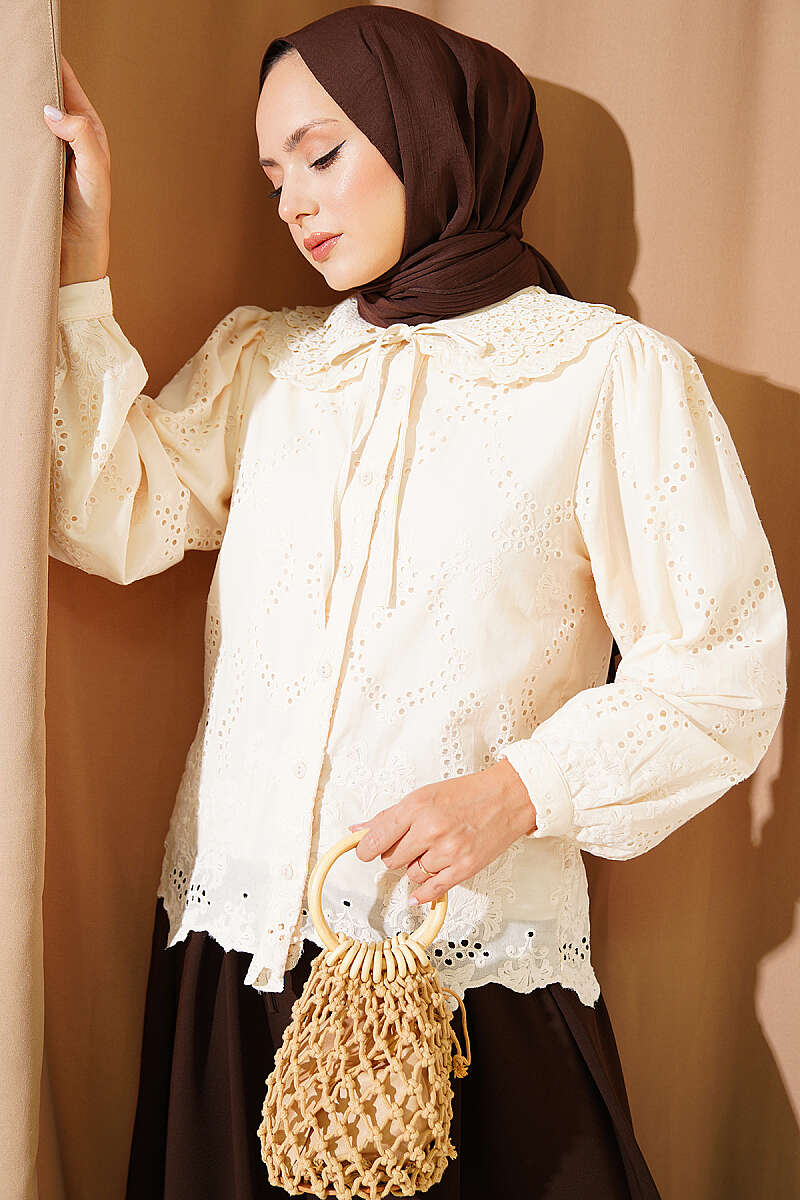 Embroidered Shirt with Peter Pan Collar - Beige
