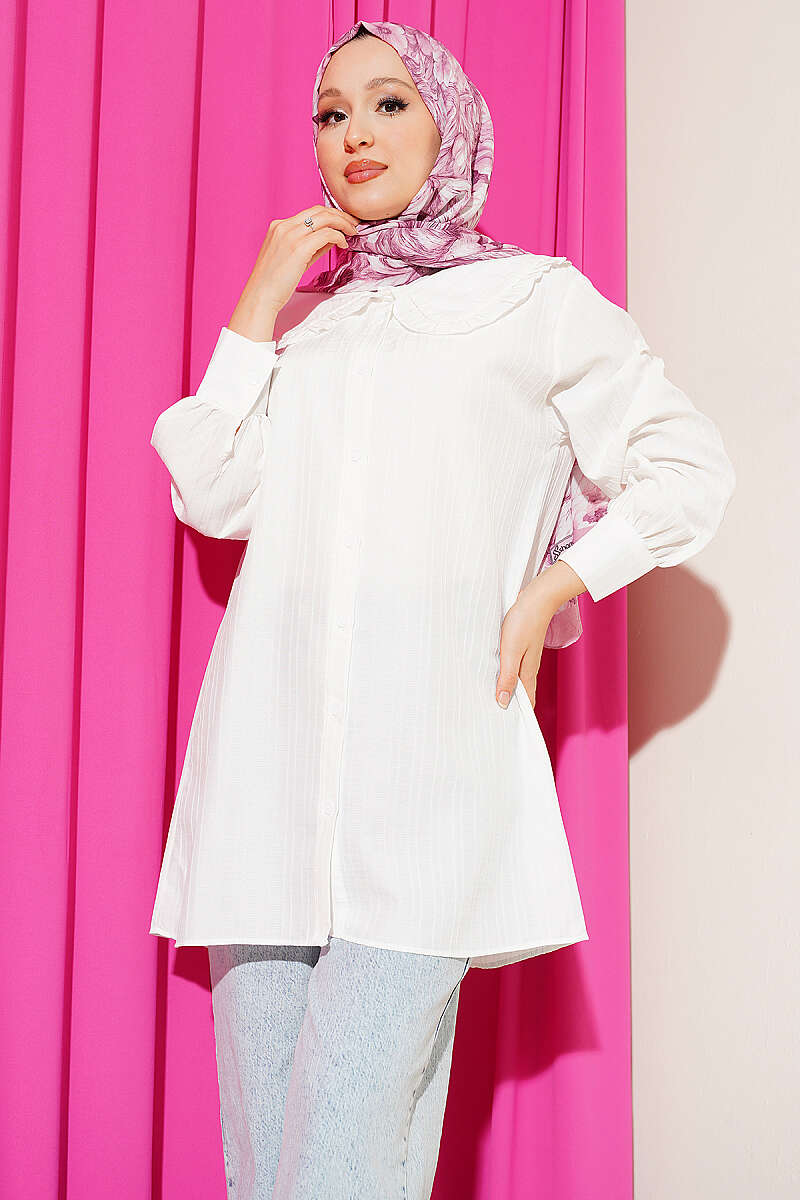 Textured Stripe Shirt with Peter Pan Collar - Ecru