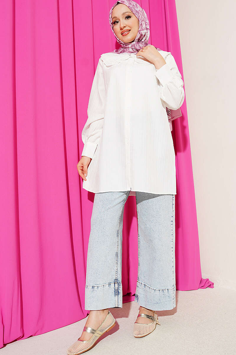 Textured Stripe Shirt with Peter Pan Collar - Ecru