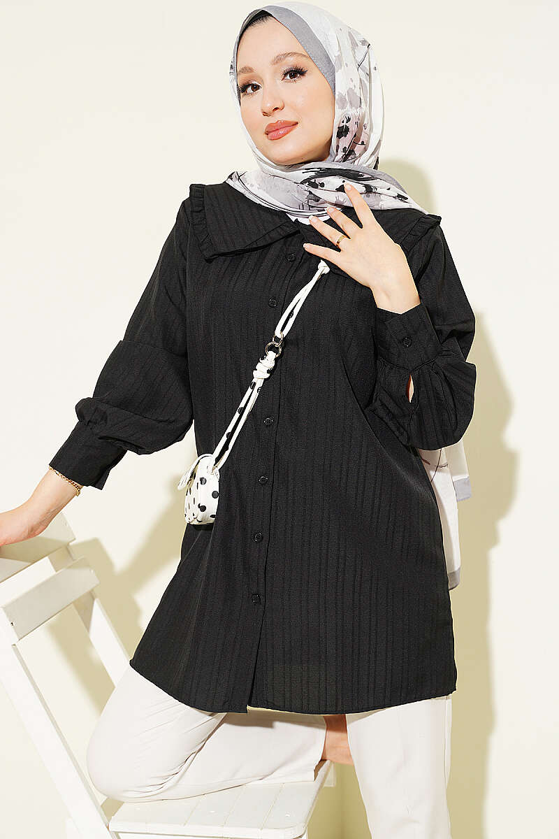 Textured Stripe Shirt with Peter Pan Collar - Black