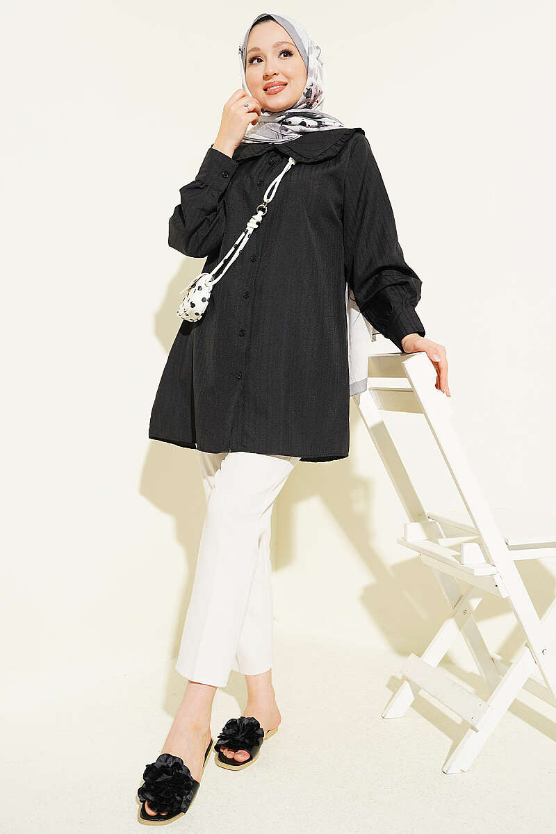 Textured Stripe Shirt with Peter Pan Collar - Black