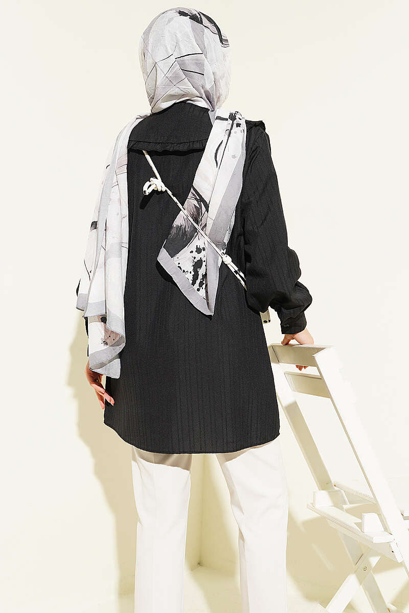 Textured Stripe Shirt with Peter Pan Collar - Black